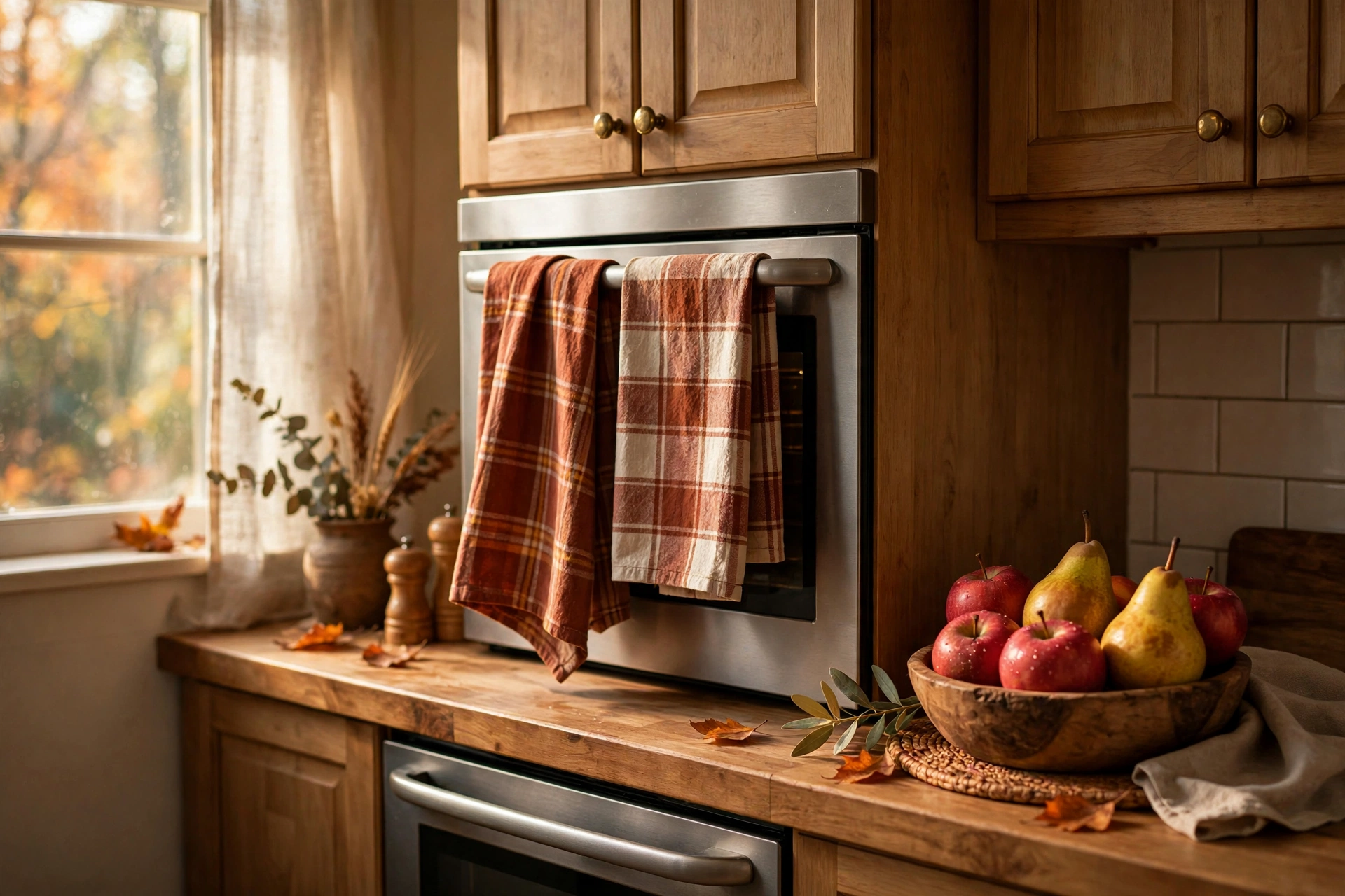 Rust and plaid dish towels on an oven handle with a bowl of apples and pears on the counter