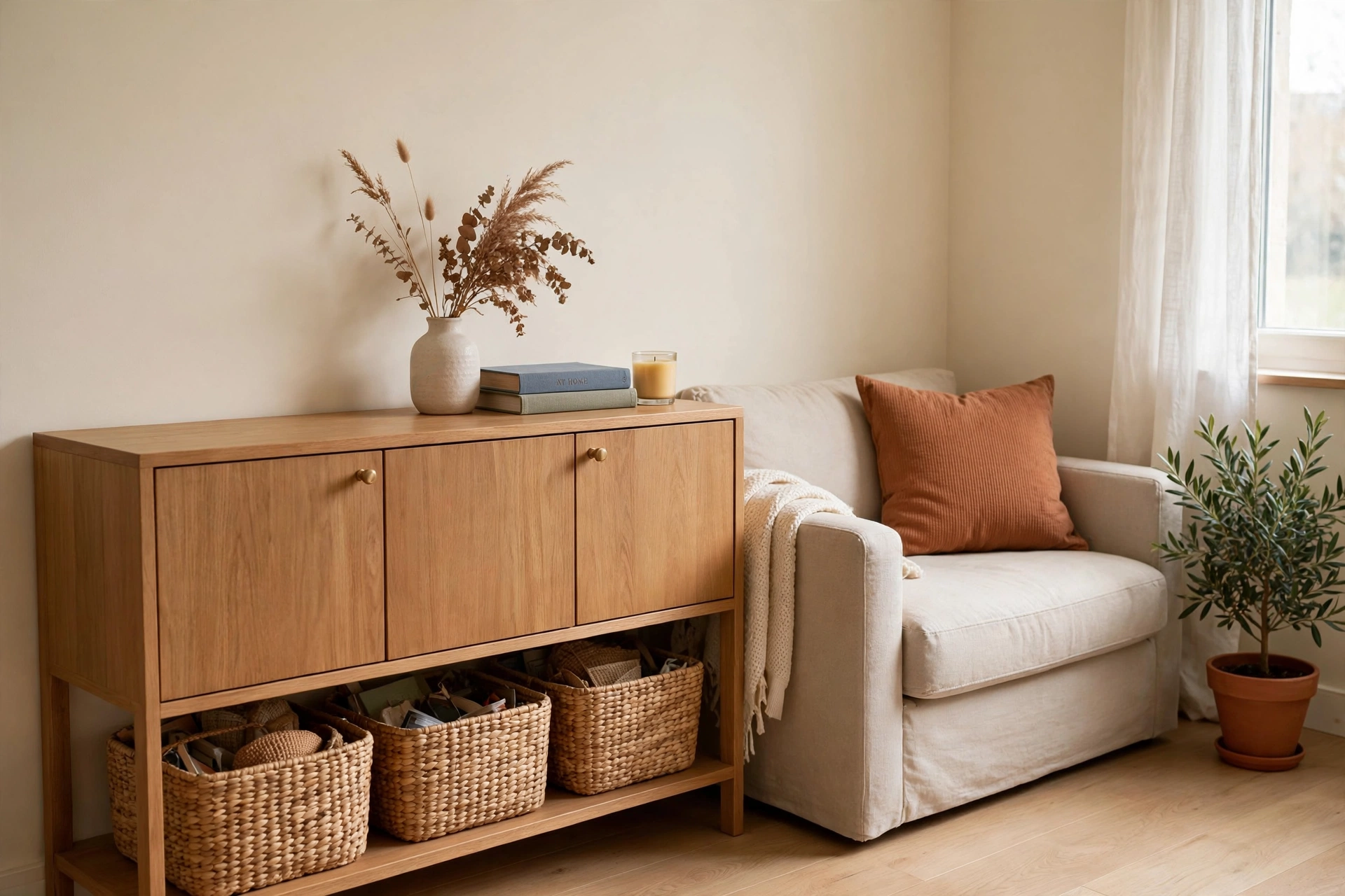 Low wooden console with closed cabinet doors and woven baskets hiding clutter