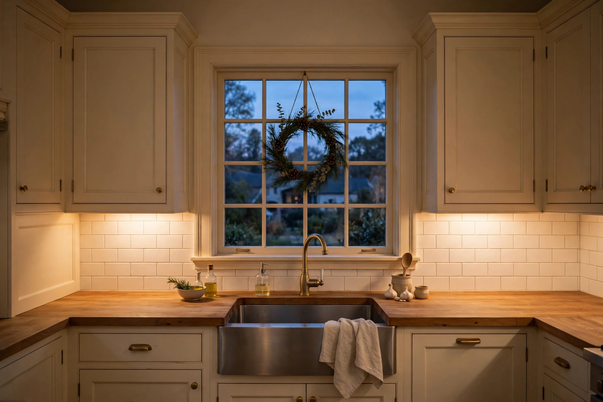 Simple pine wreath hung inside a kitchen window over the sink