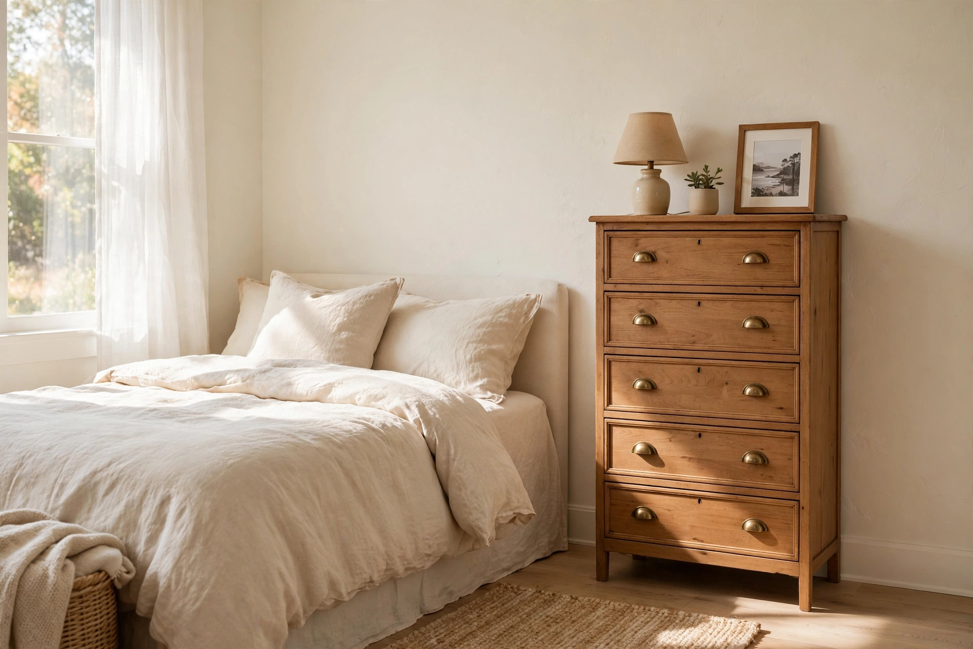 Tall narrow five-drawer chest styled with a lamp, plant and framed photo in a small bedroom