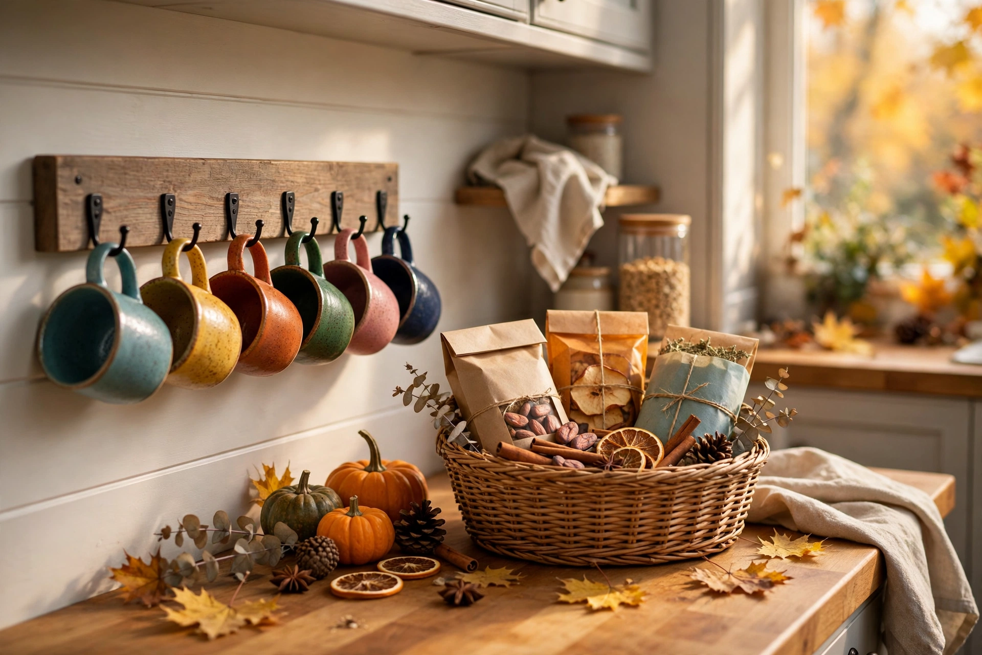 Hot drink station with ceramic mugs on a rail and a basket of cocoa, cider and tea