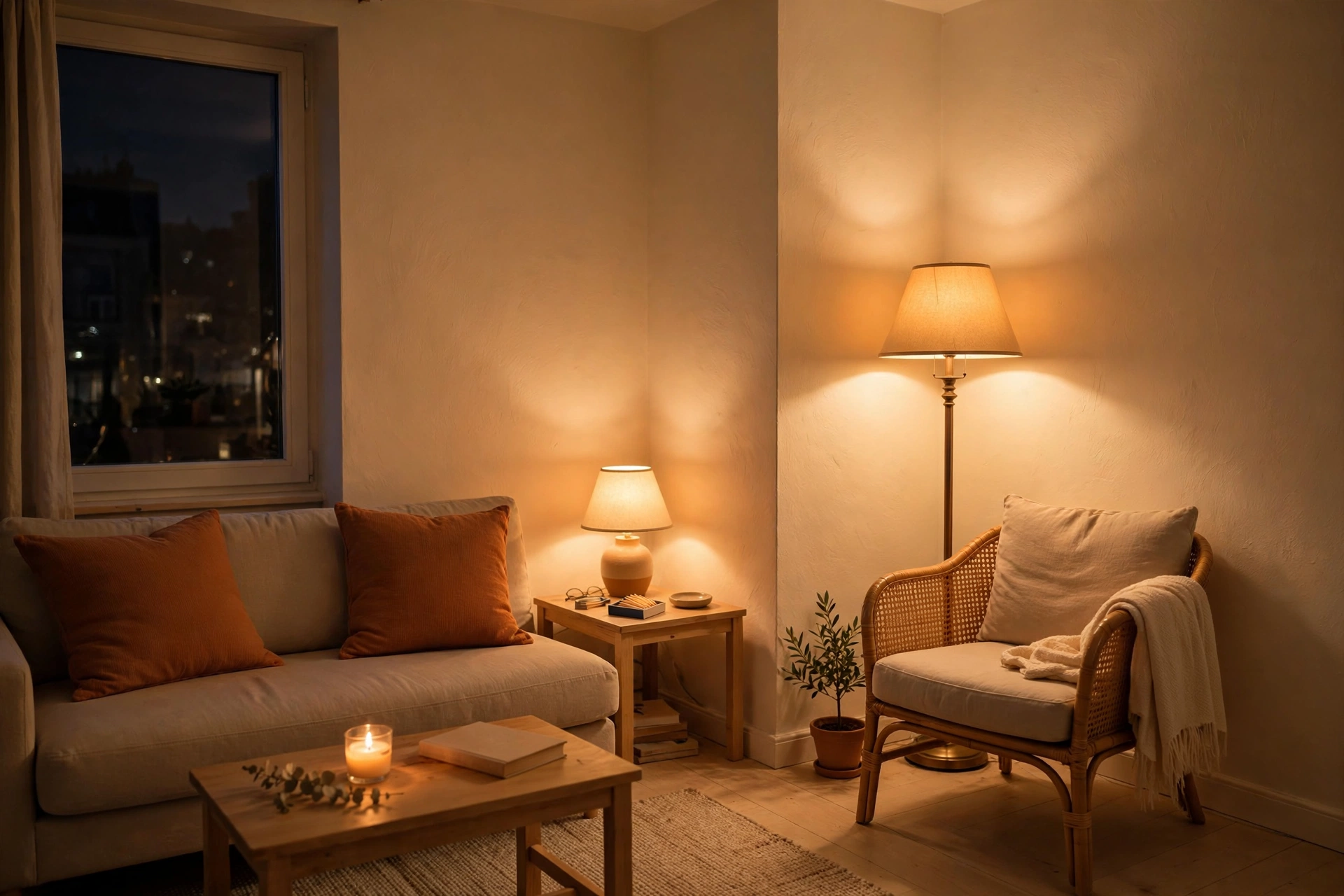 Small living room at night lit by three lamps and candlelight, no overhead light