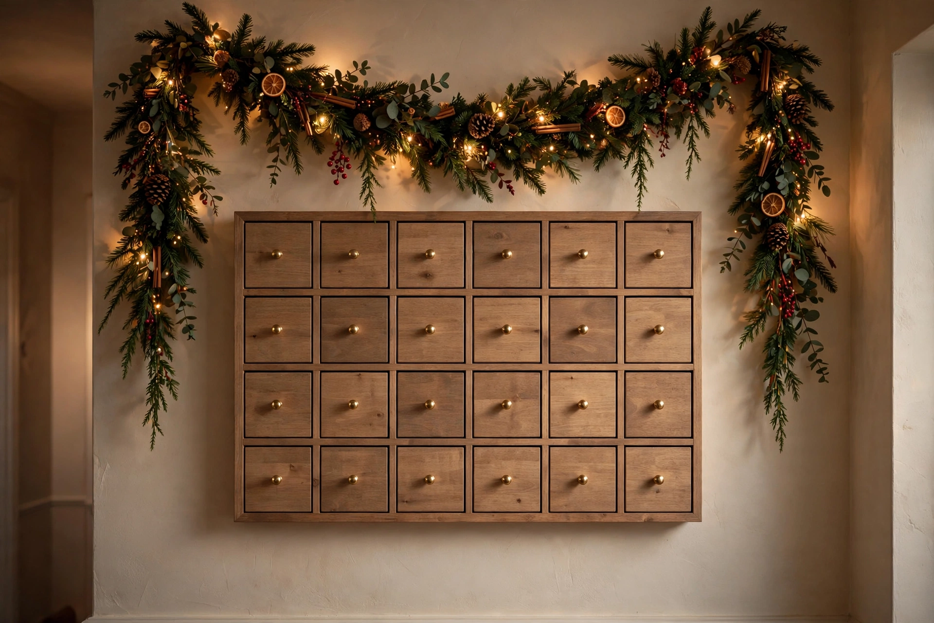 Wooden advent calendar with 24 small drawers hung on a hallway wall