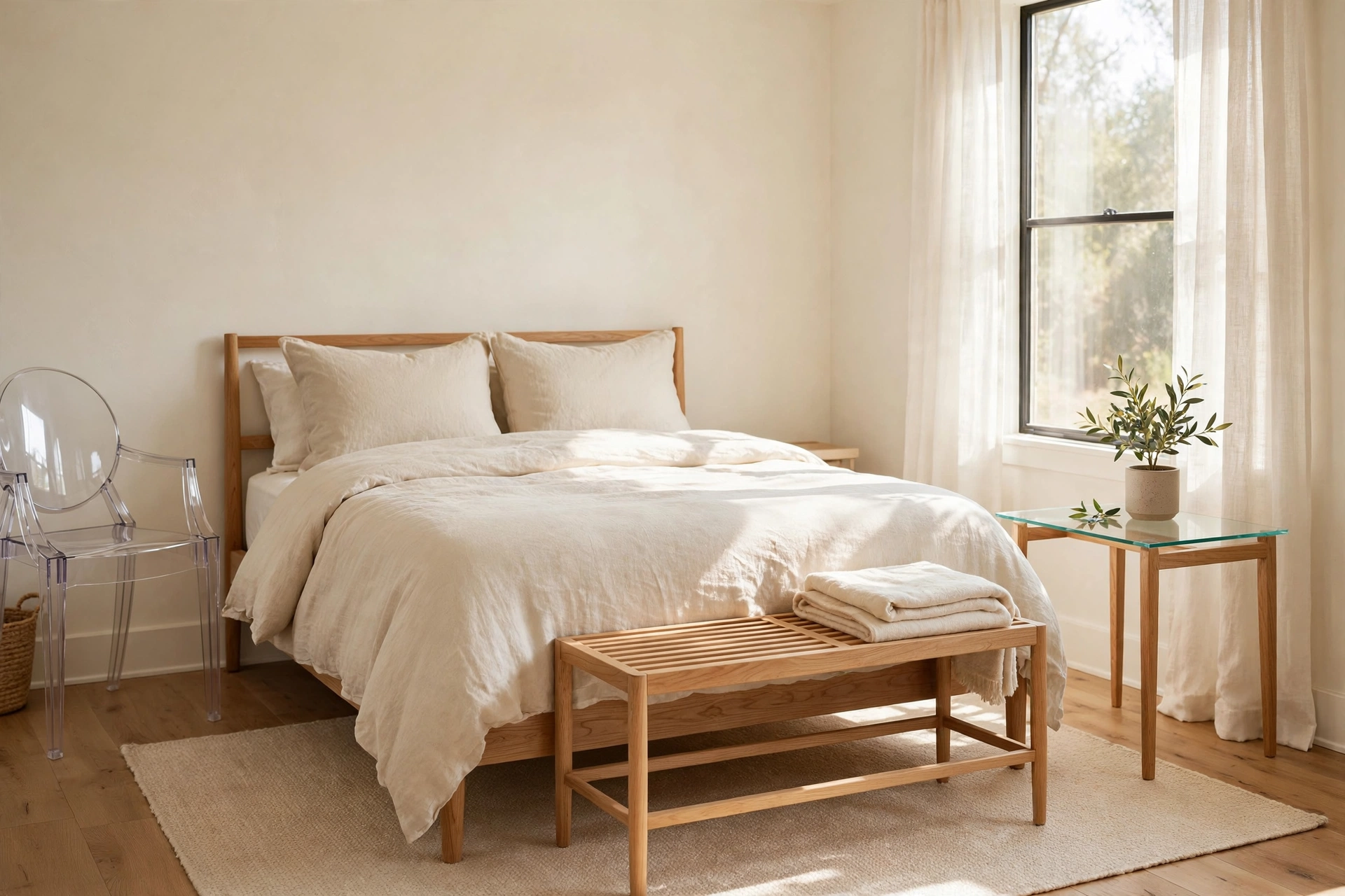 Glass-top side table and open-frame bench at the foot of a small bed