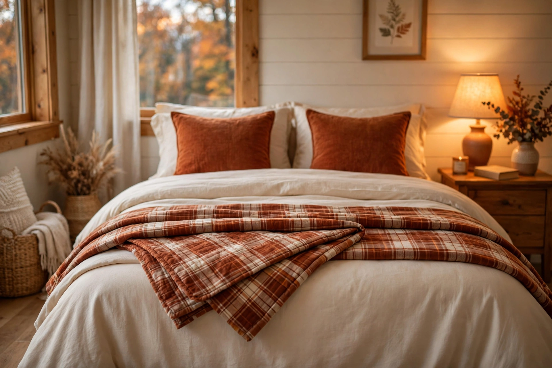 Folded plaid quilt layered across the foot of a bed for fall