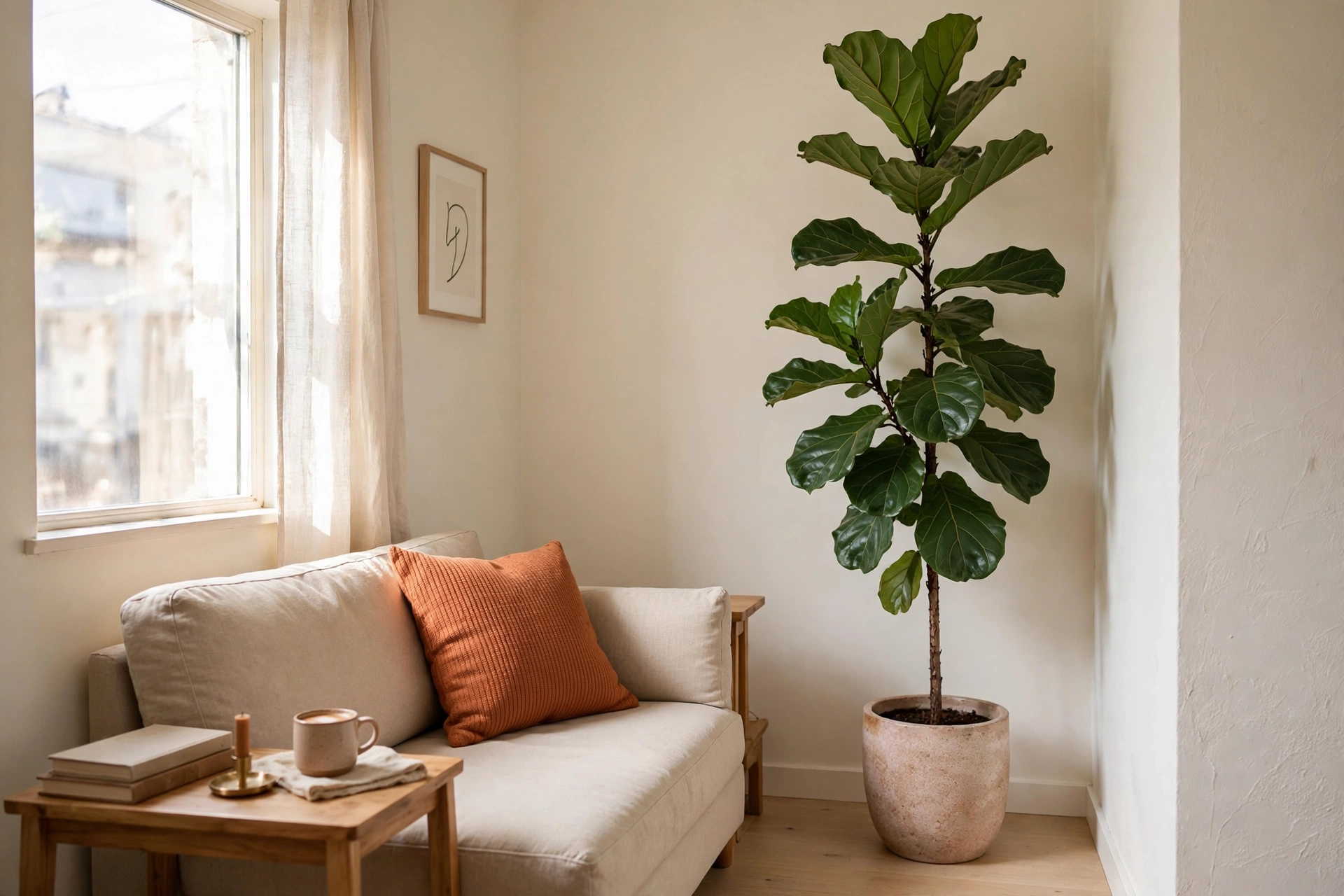 Tall fiddle-leaf fig plant filling the empty corner of a small living room
