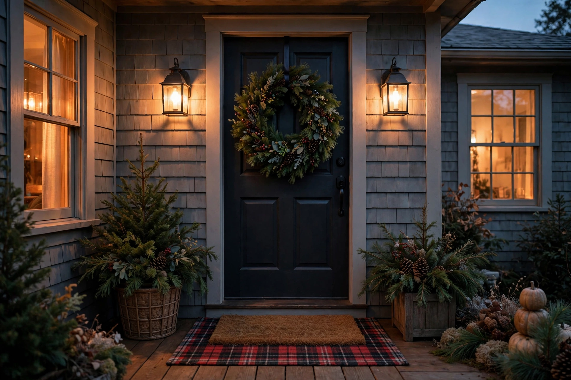 Front porch at dusk with glowing lanterns, door wreath and layered doormat