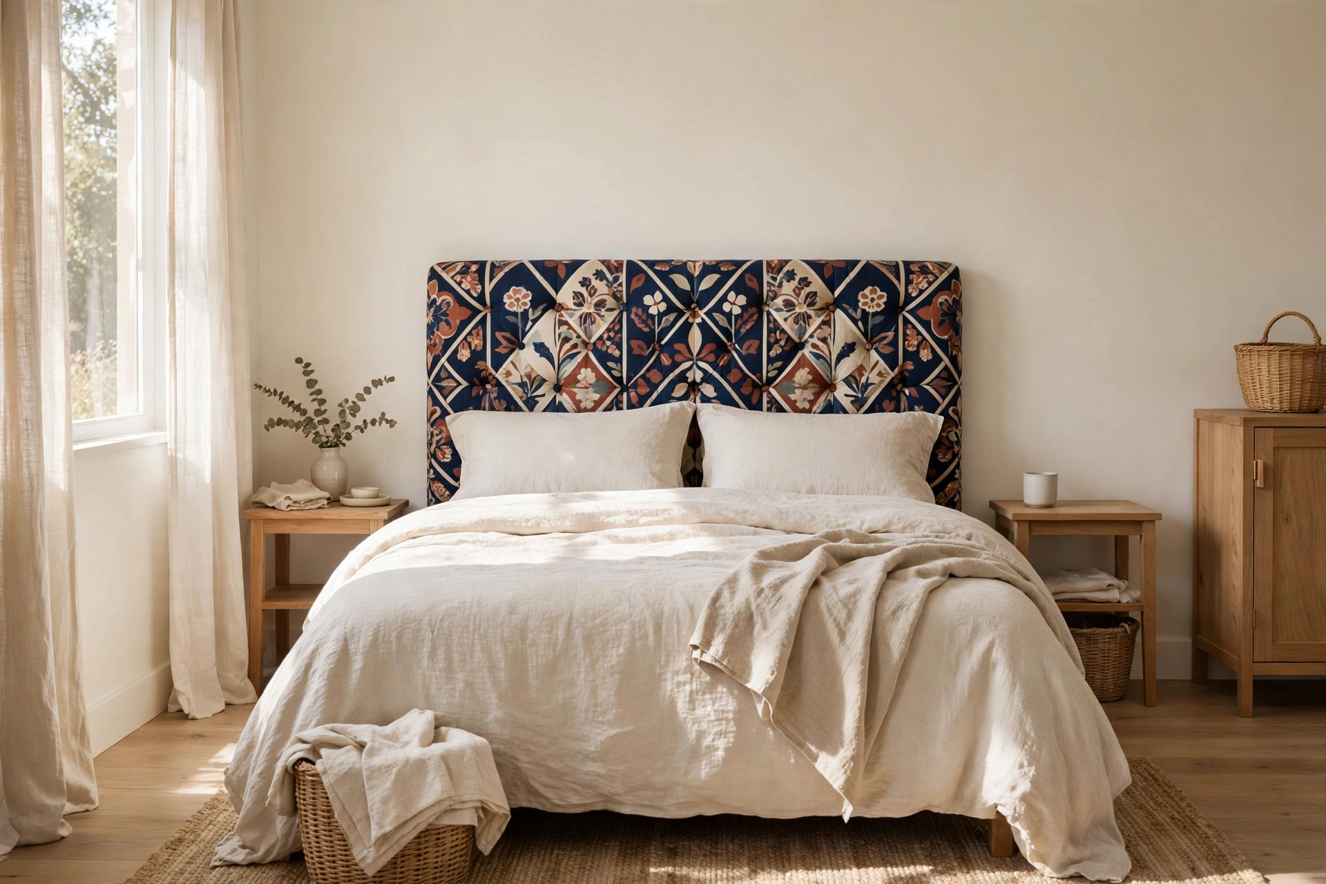 Calm neutral small bedroom with one bold patterned headboard as the statement piece