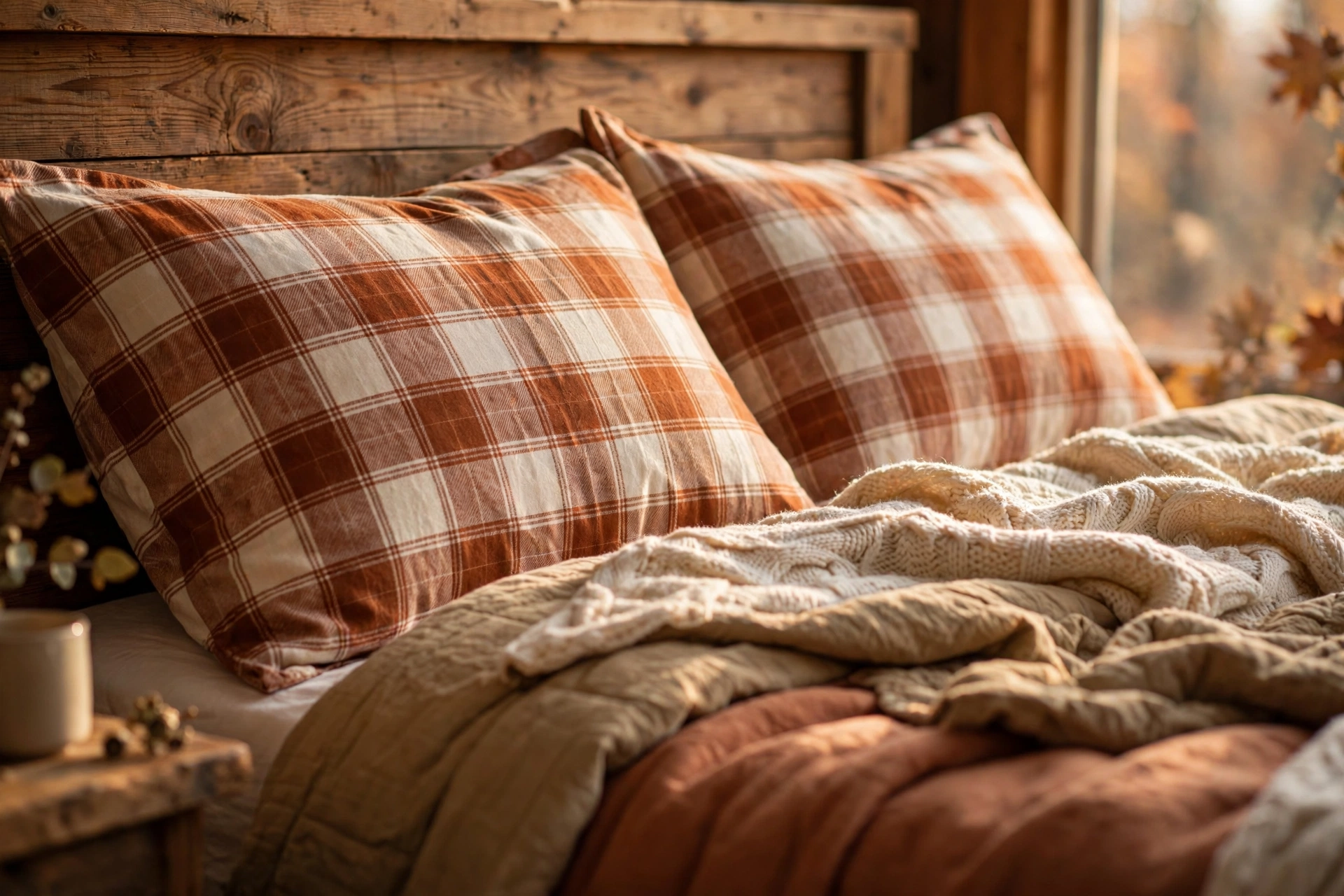 Bed with cozy plaid flannel pillowcases in rust and cream