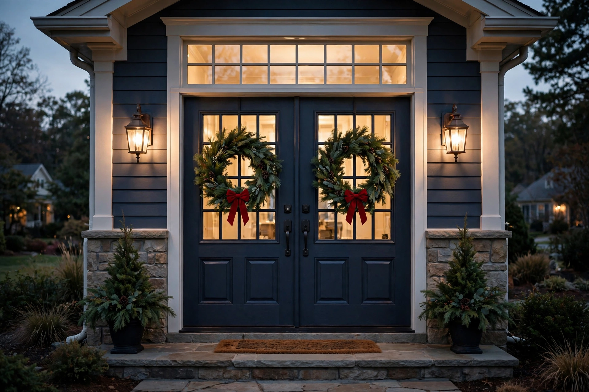 Double front doors with matching pine wreaths and red bows