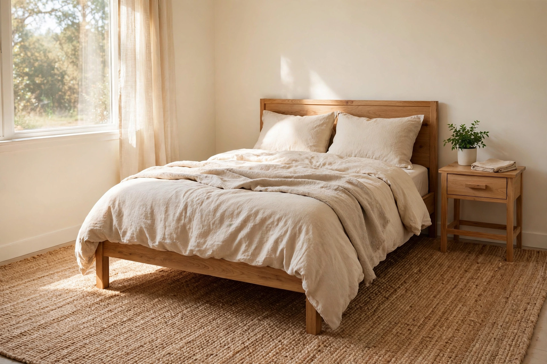 One large rug extending beyond both sides of the bed in a small bedroom