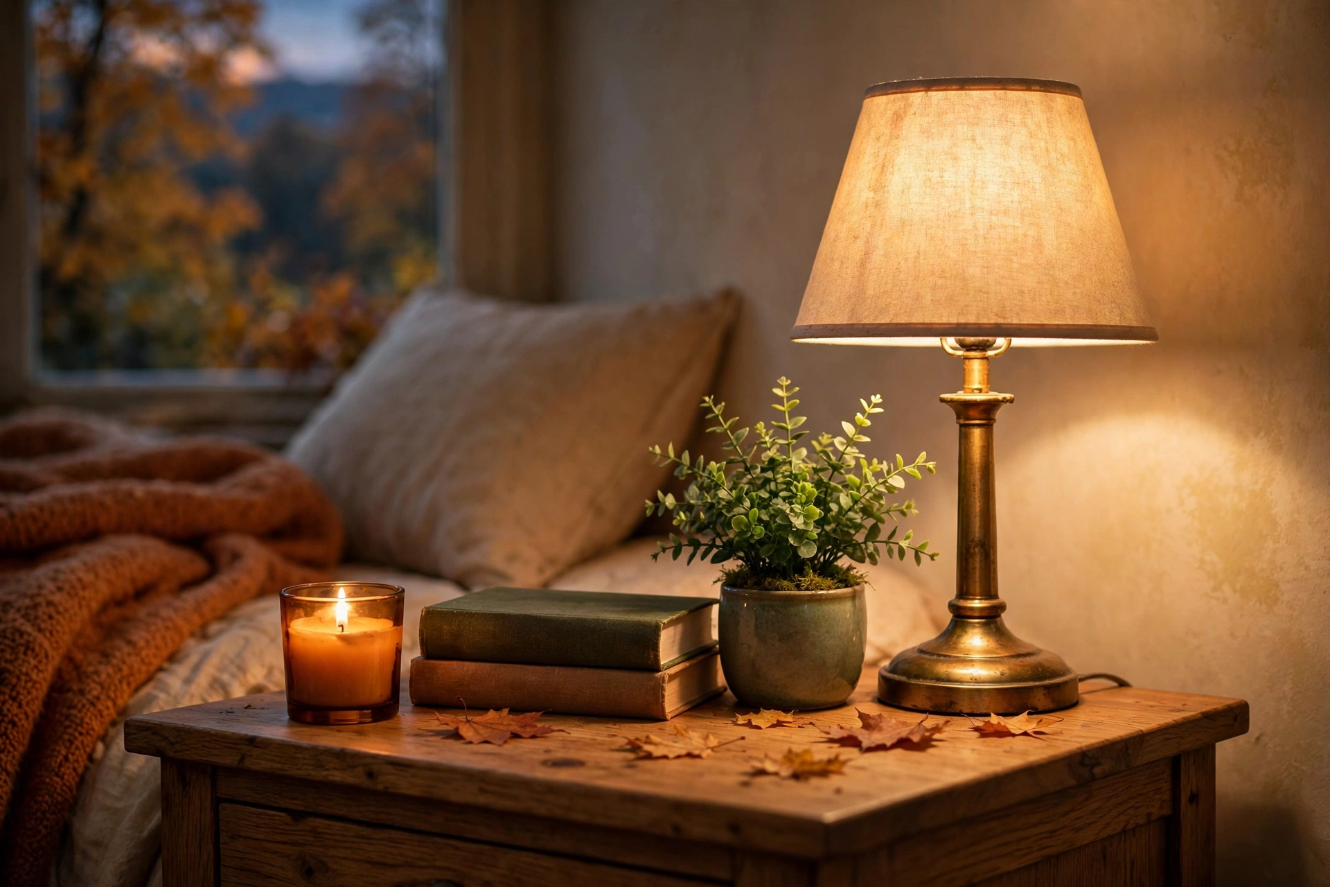 Nightstand with a lit amber candle, a small stack of books and warm lamp glow
