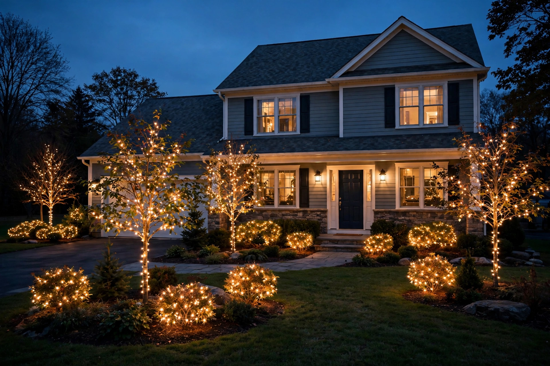 Front-yard trees wrapped in warm-white Christmas string lights at dusk