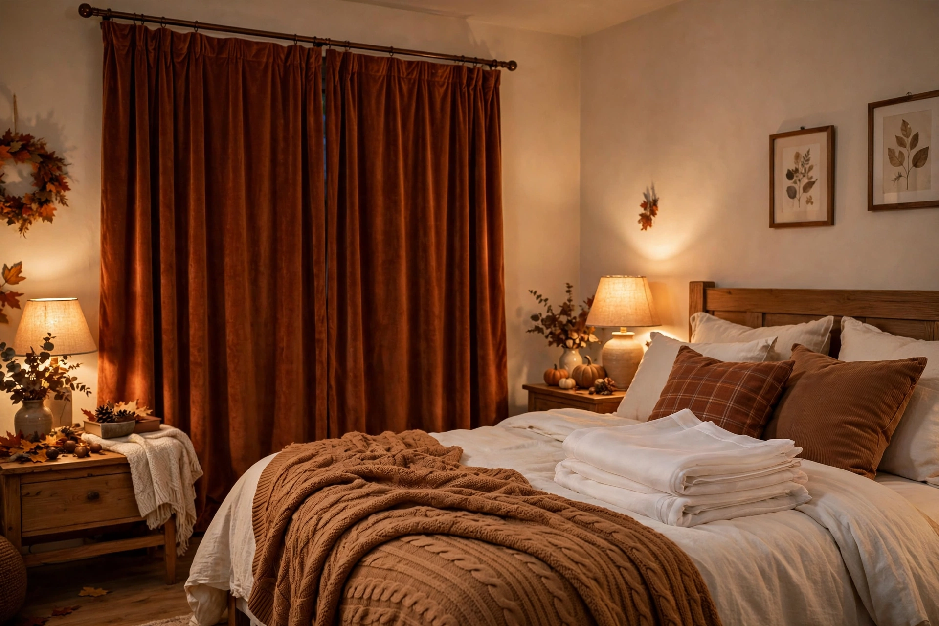 Bedroom window with heavy fall drapes drawn against the chill