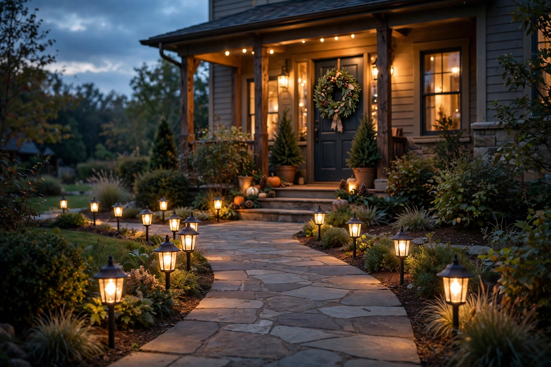 Walkway lined with glowing lantern stake lights leading to a lit porch