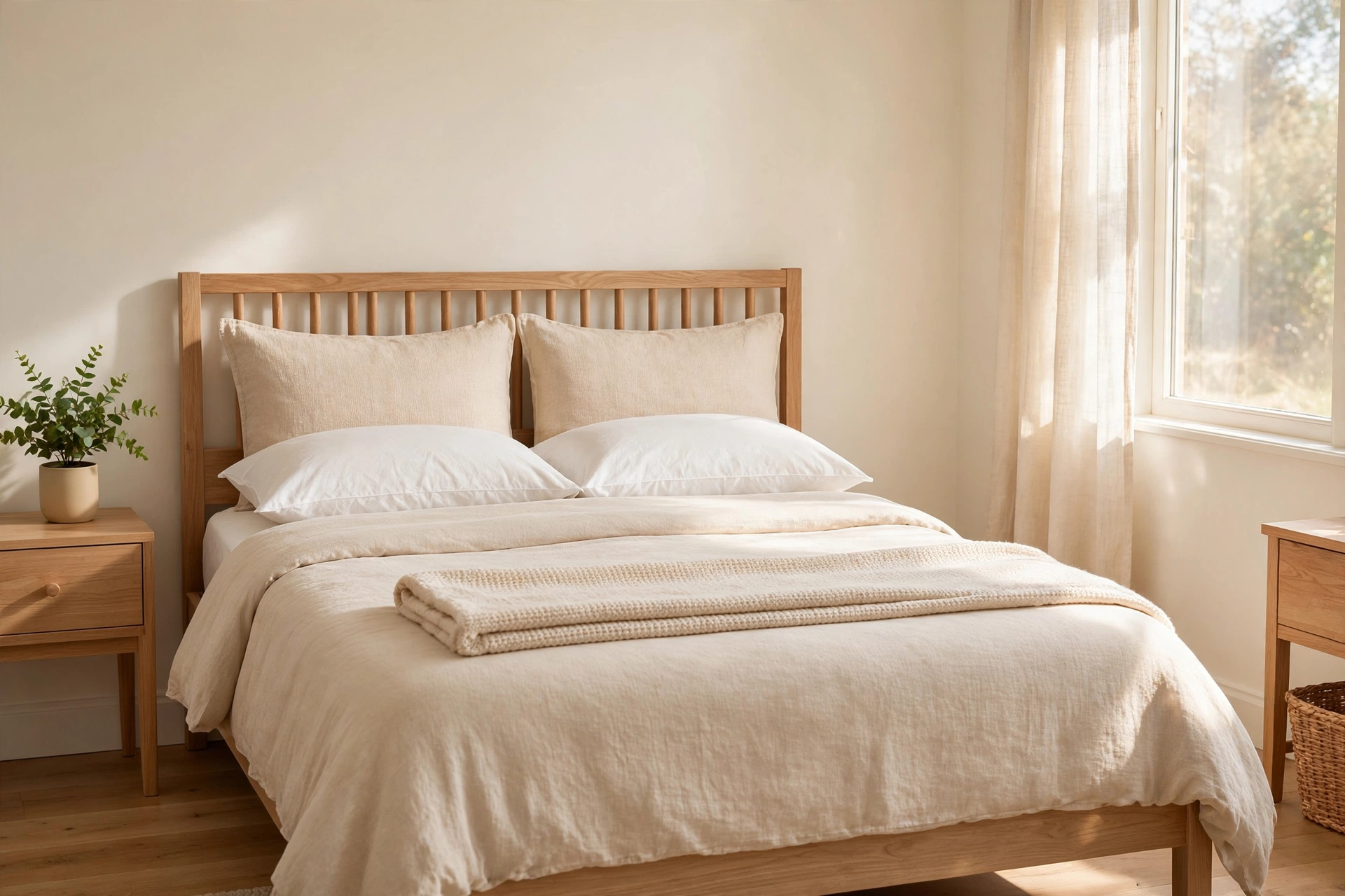 Perfectly made bed with layered pillows and a folded knit throw in a small bedroom