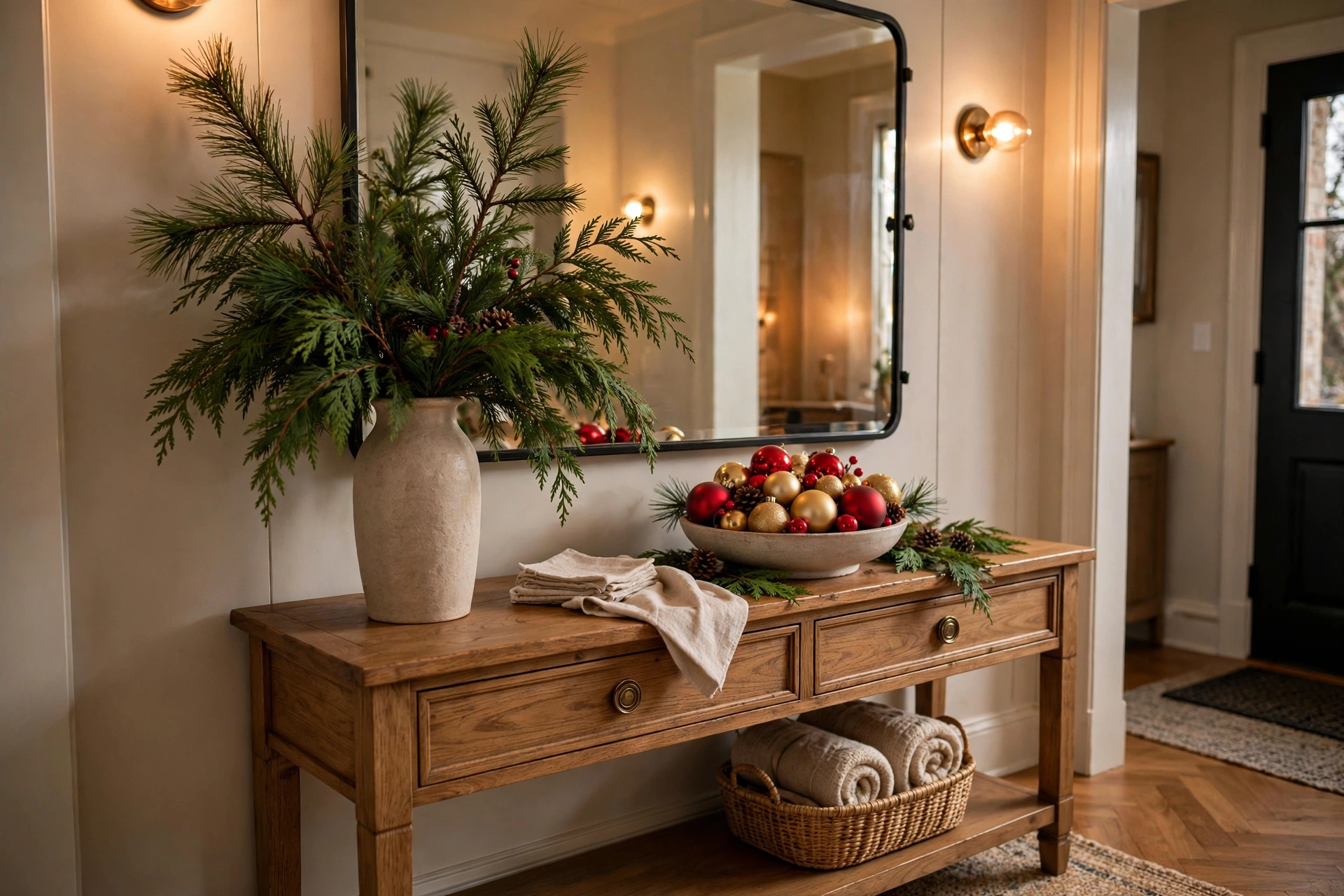 Entryway console with tall vase of pine branches and bowl of ornaments