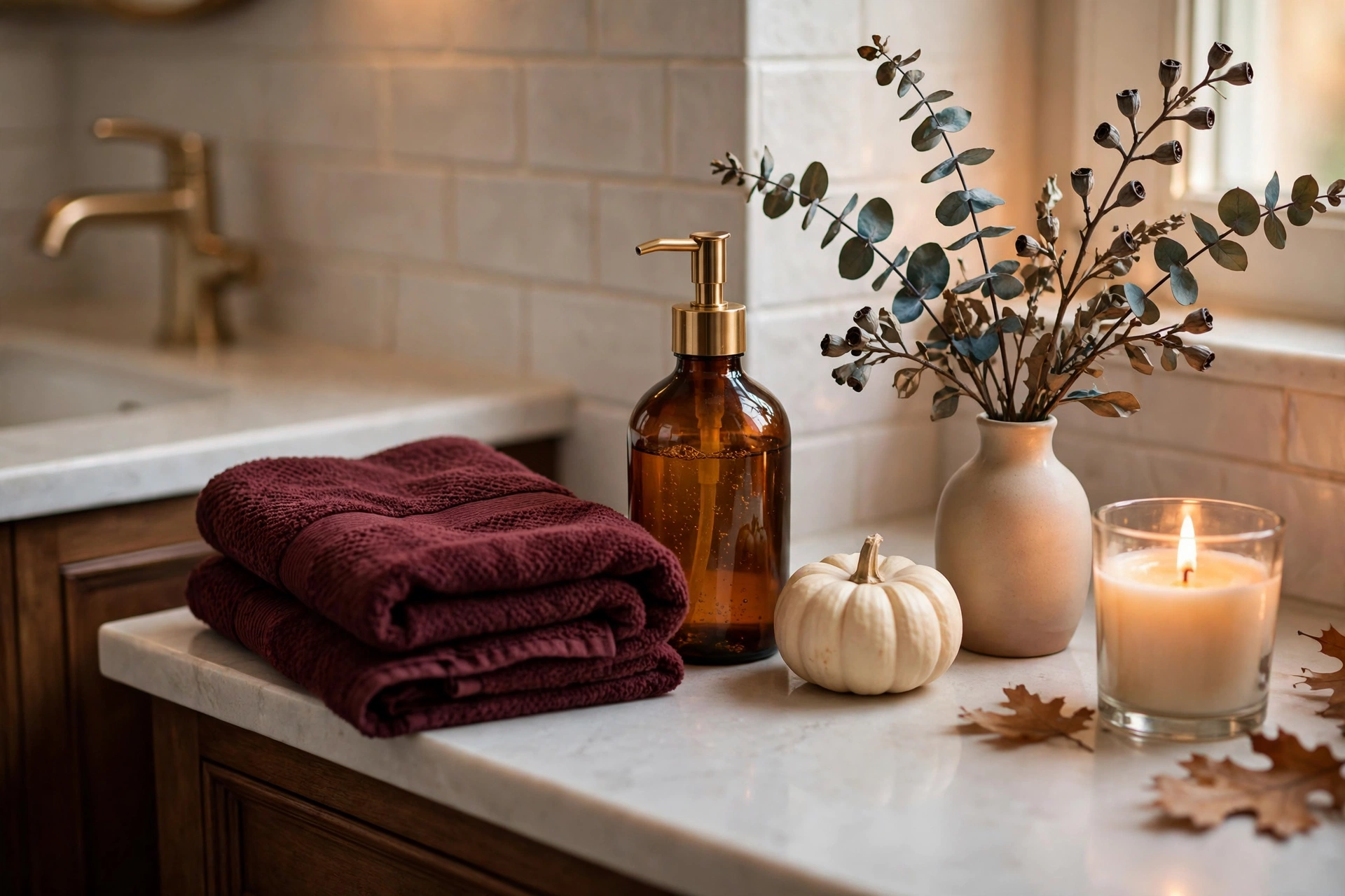 Guest bathroom counter styled for fall with a burgundy towel, amber dispenser and mini pumpkin