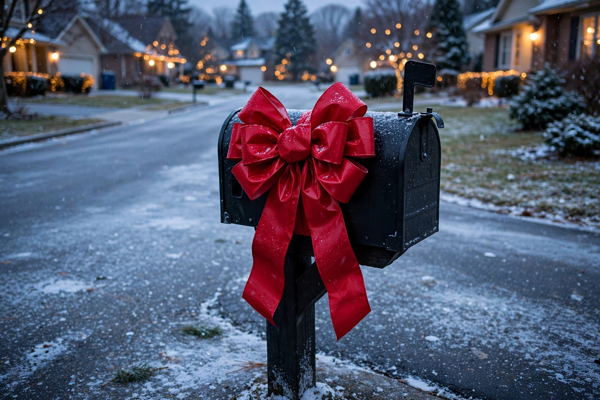 Big red Christmas bow tied on a mailbox at the end of a driveway