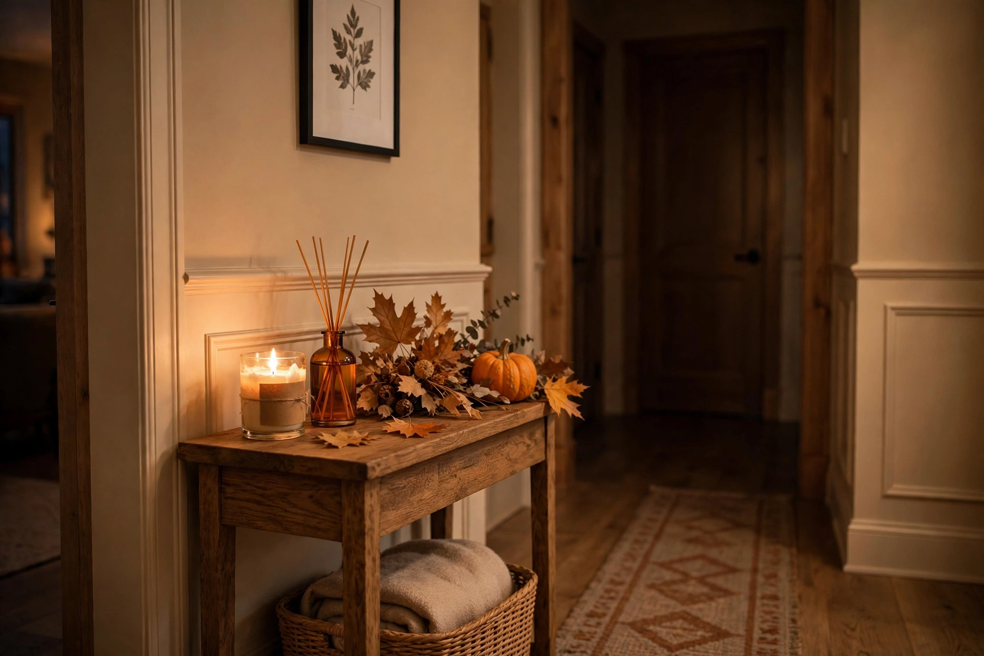 Hallway console with a woodsy candle and amber reed diffuser in one scent family