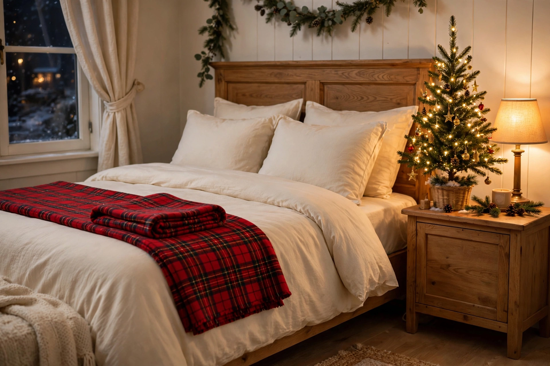 Christmas bedroom with red plaid throw and mini lit tree on nightstand