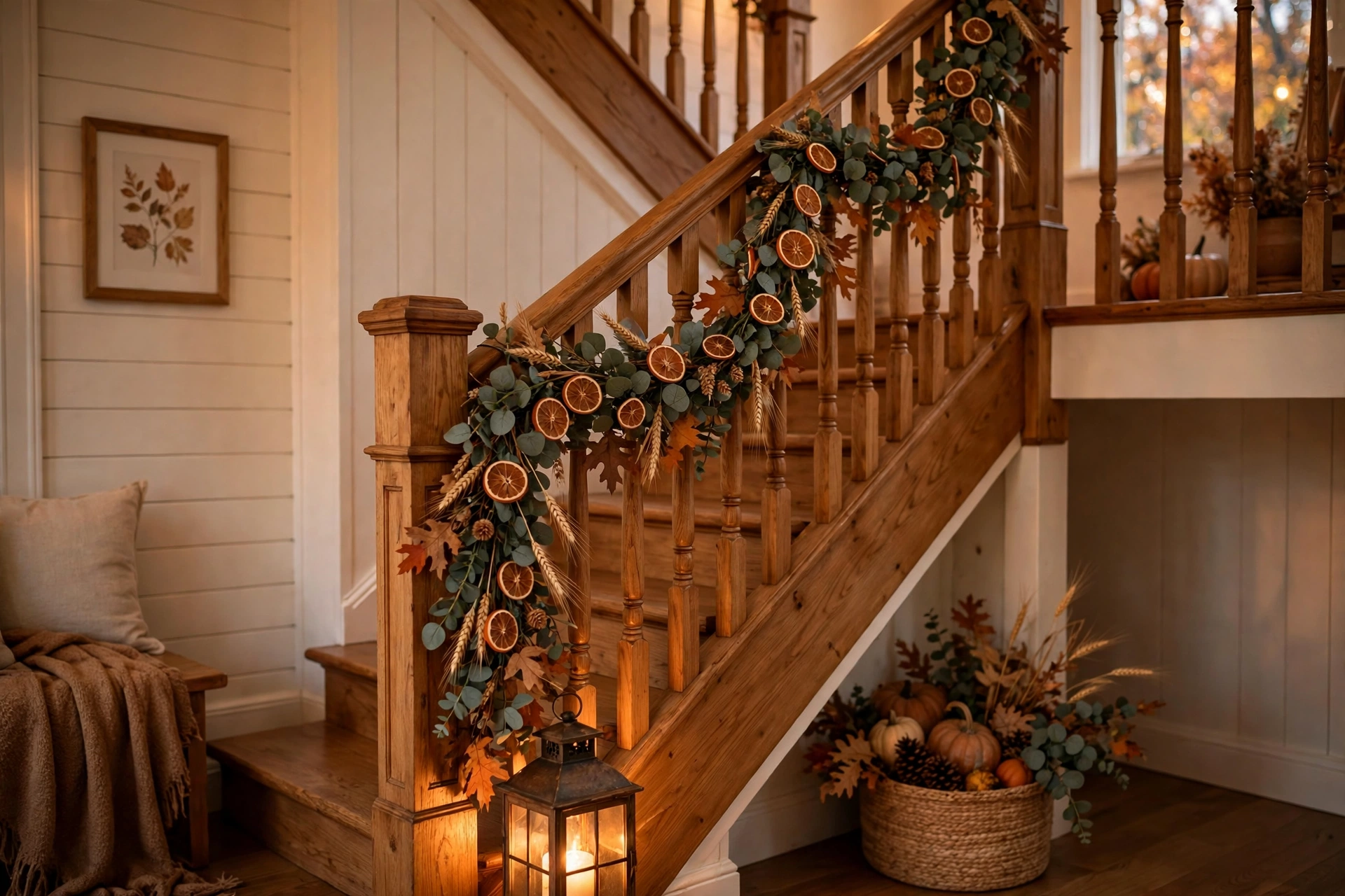 Staircase banister draped with a eucalyptus garland and dried orange slices