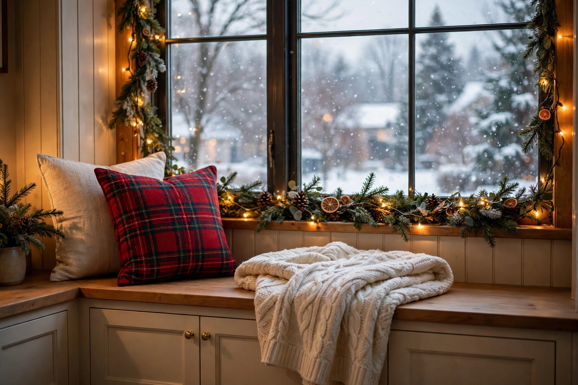 Window seat with warm fairy lights along the sill and plaid pillow