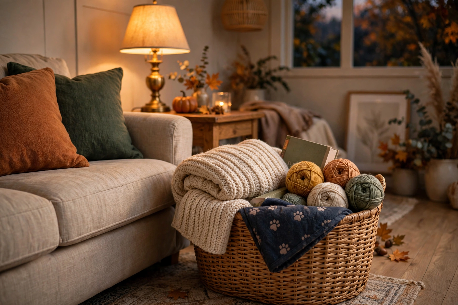 Woven basket beside the sofa holding throws, a book and knitting for cozy fall evenings