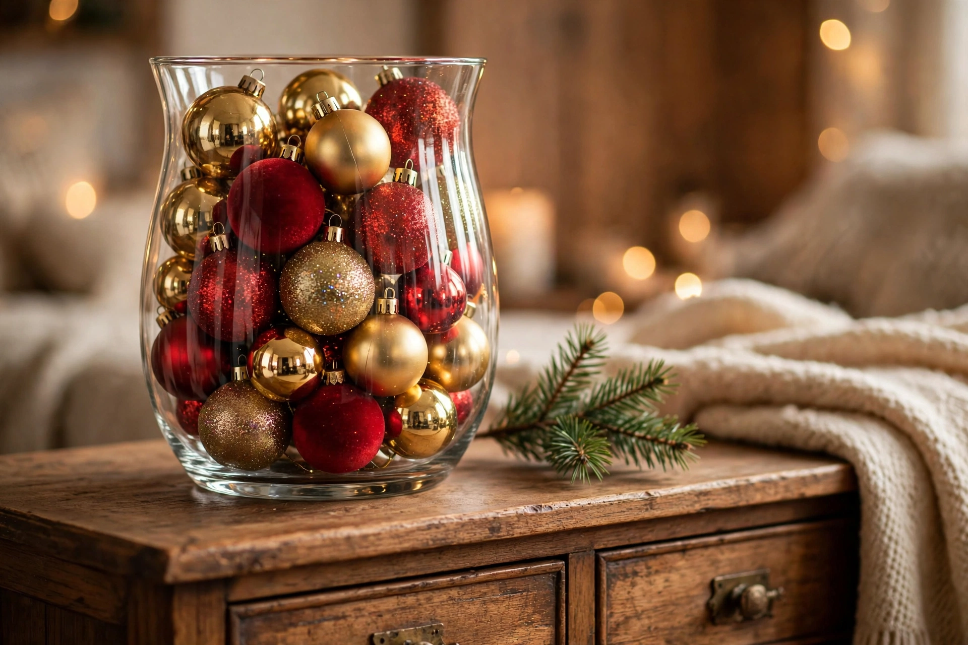 Glass vase filled with mixed gold, red and glitter Christmas ornaments