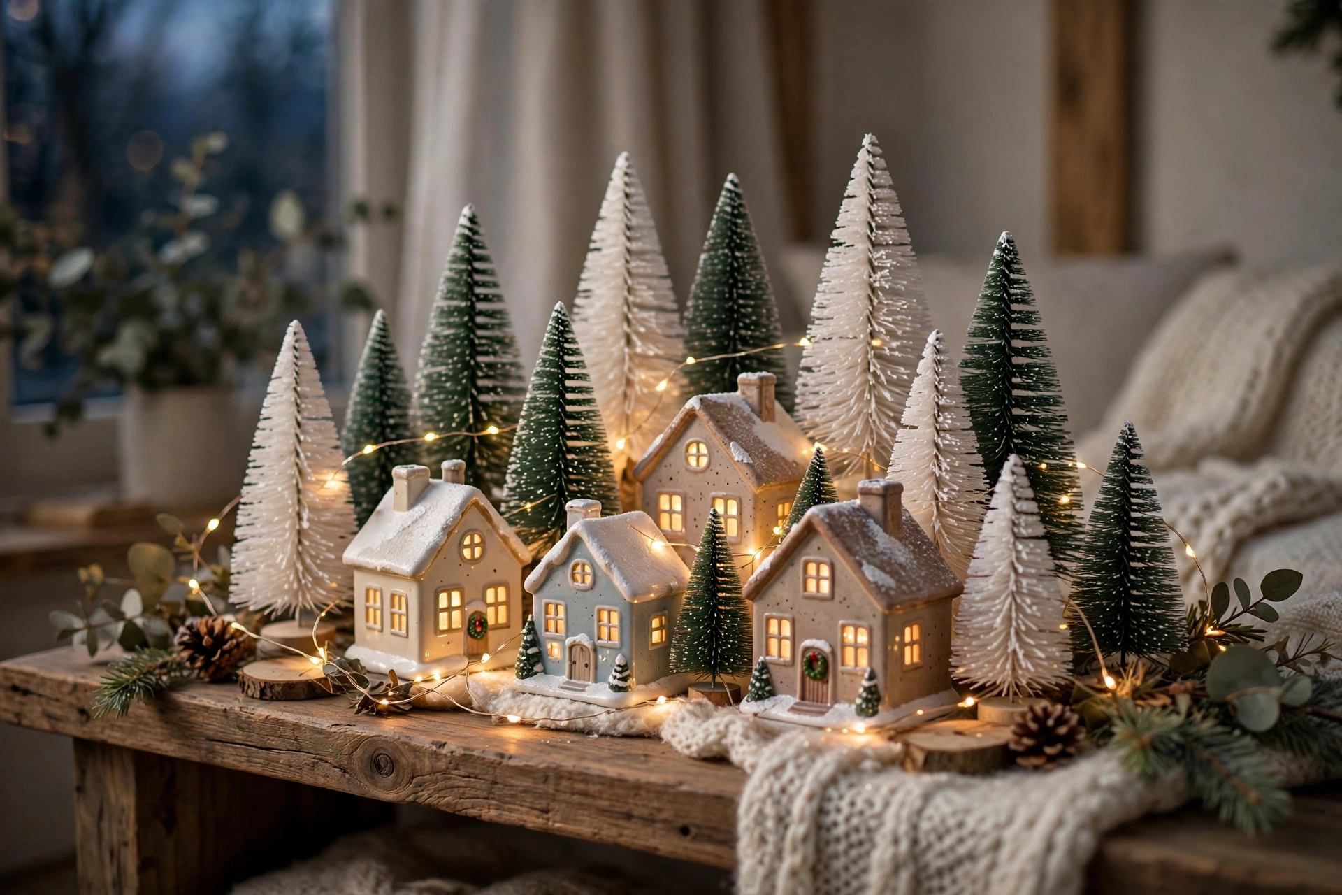 Christmas village vignette on a shelf with tiny houses and fairy lights