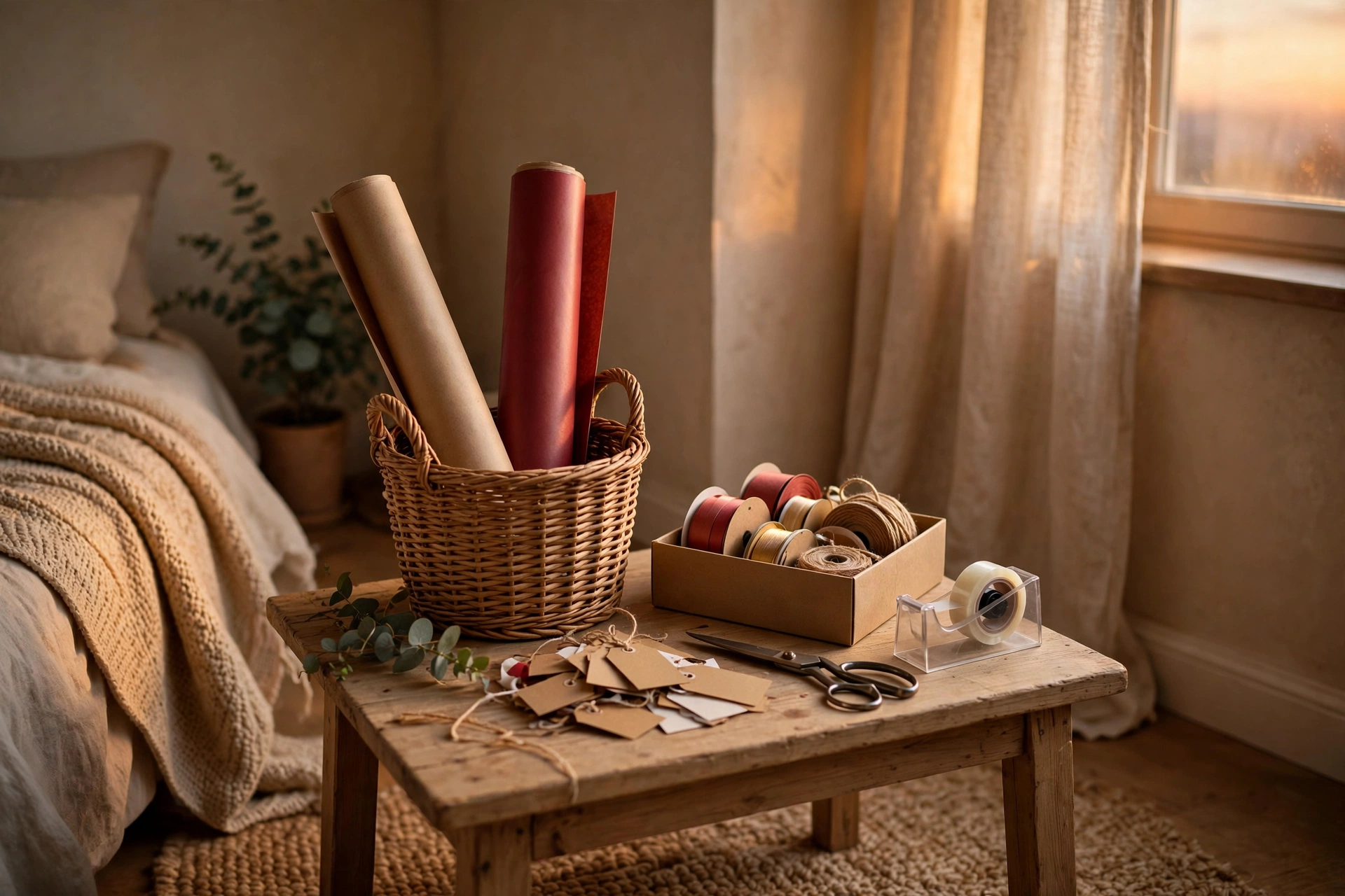 Gift-wrapping station corner with basket of paper rolls, ribbons and tags