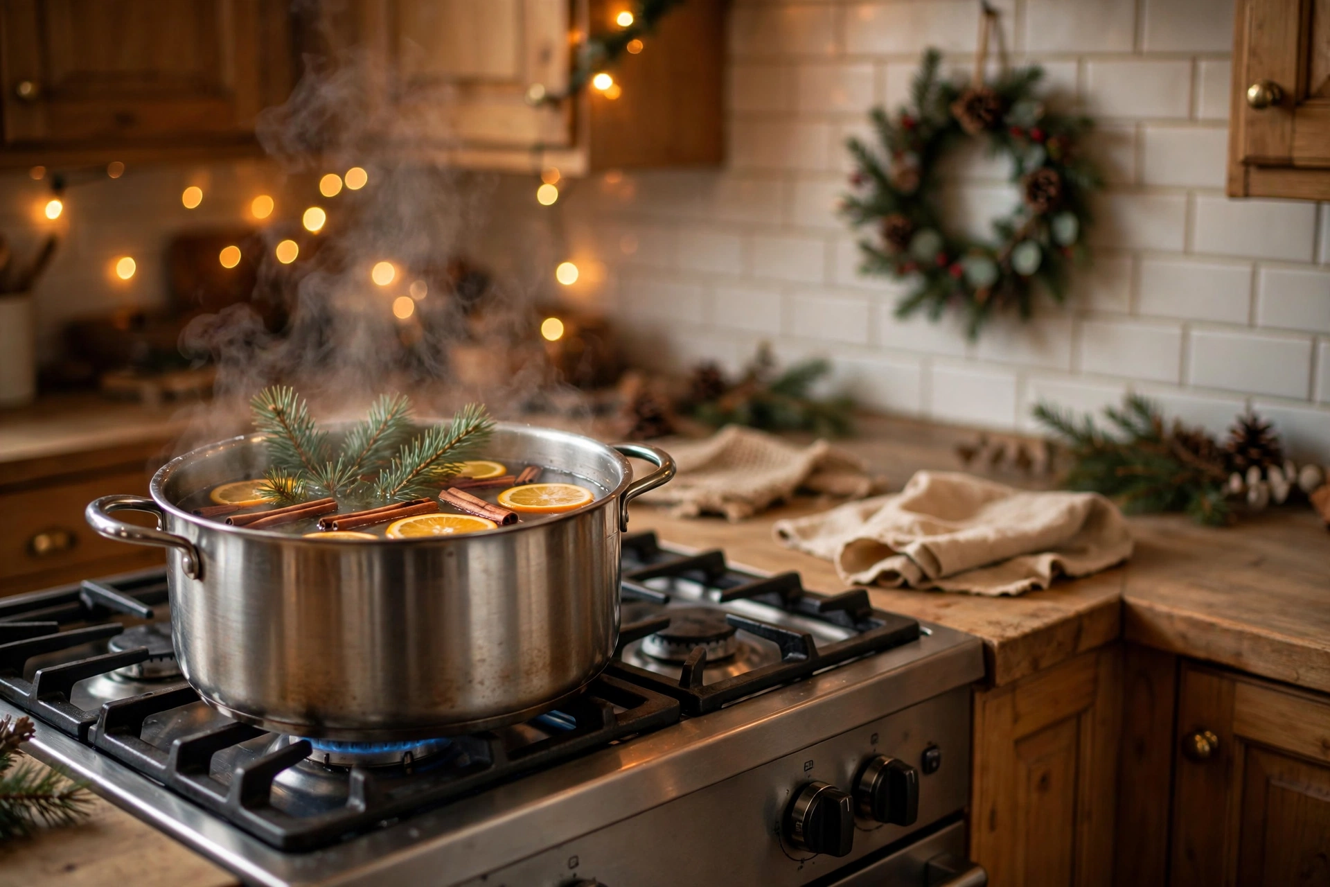 Simmer pot on a stove with pine sprigs, cinnamon sticks and orange slices