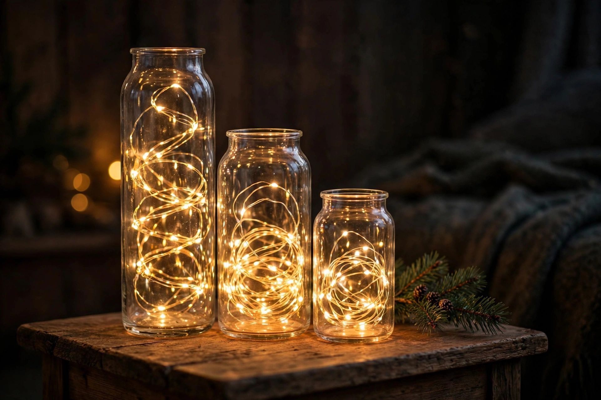 Glass jars of different heights with warm fairy lights coiled inside