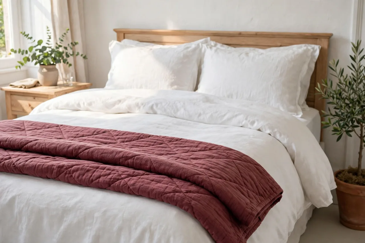 Guest bed with crisp white sheets and a plump duvet folded back