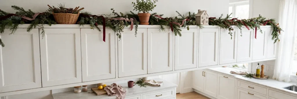 Decor running in one line across the tops of white kitchen cabinets: garland, baskets and a plant