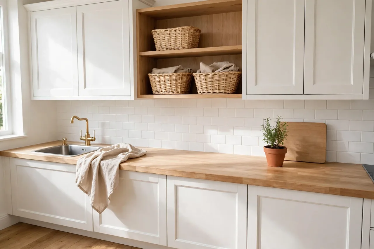 Calm kitchen palette: white, light wood, linen, greenery, one terracotta pot