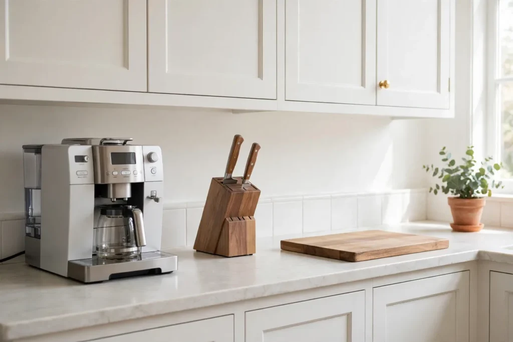 Clear kitchen counter with only daily essentials: coffee machine, knives and a board