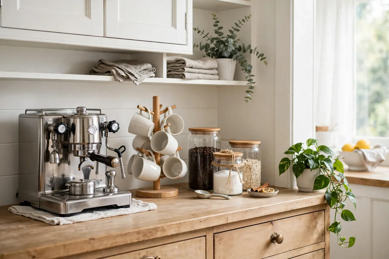 Counter corner coffee bar with machine on a wooden tray