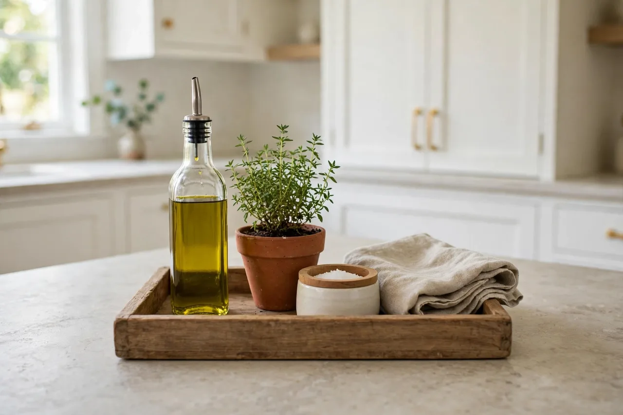 Wooden tray vignette with olive oil, herb, salt cellar and linen on a counter