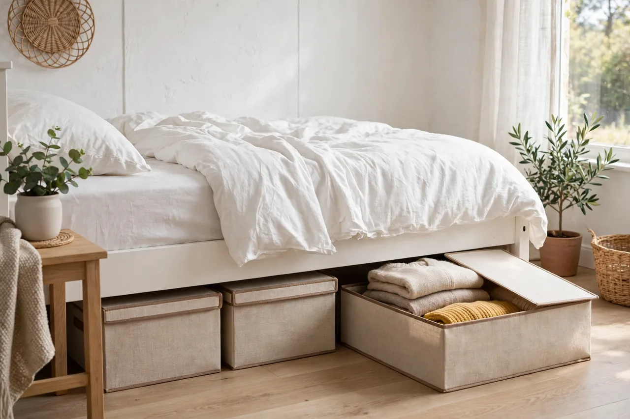 Lidded fabric storage boxes sliding under a bed, one open with folded sweaters