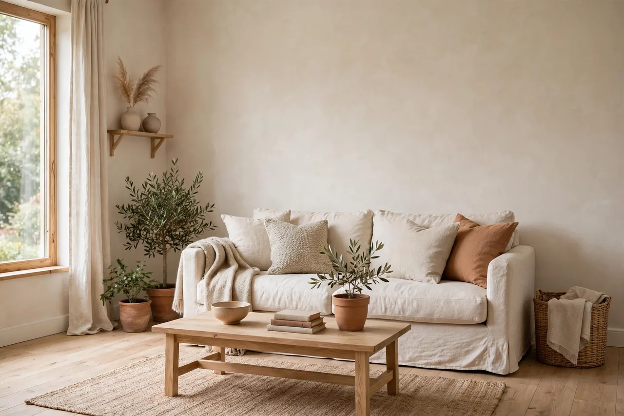 Living room in warm white and greige tones with a cream sofa