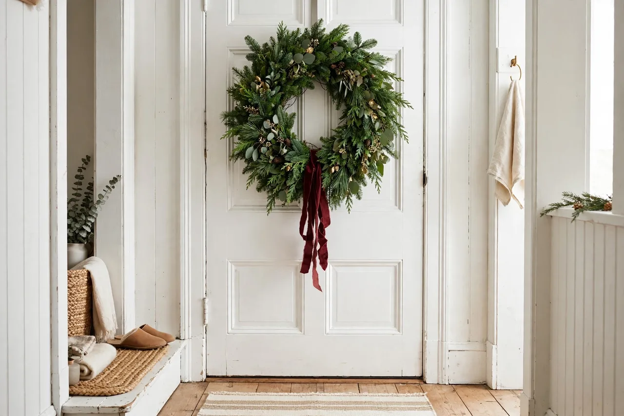 Greenery wreath wrapped on a wire form with a burgundy bow on a white door