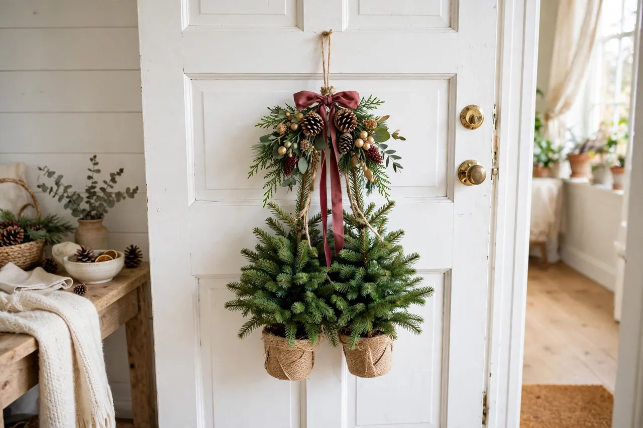Door swag made from two small tabletop trees tied with ribbon