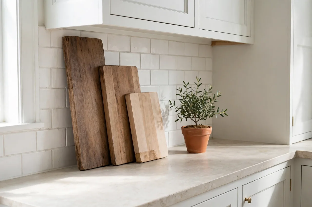 Wooden cutting boards leaning against a white tile backsplash