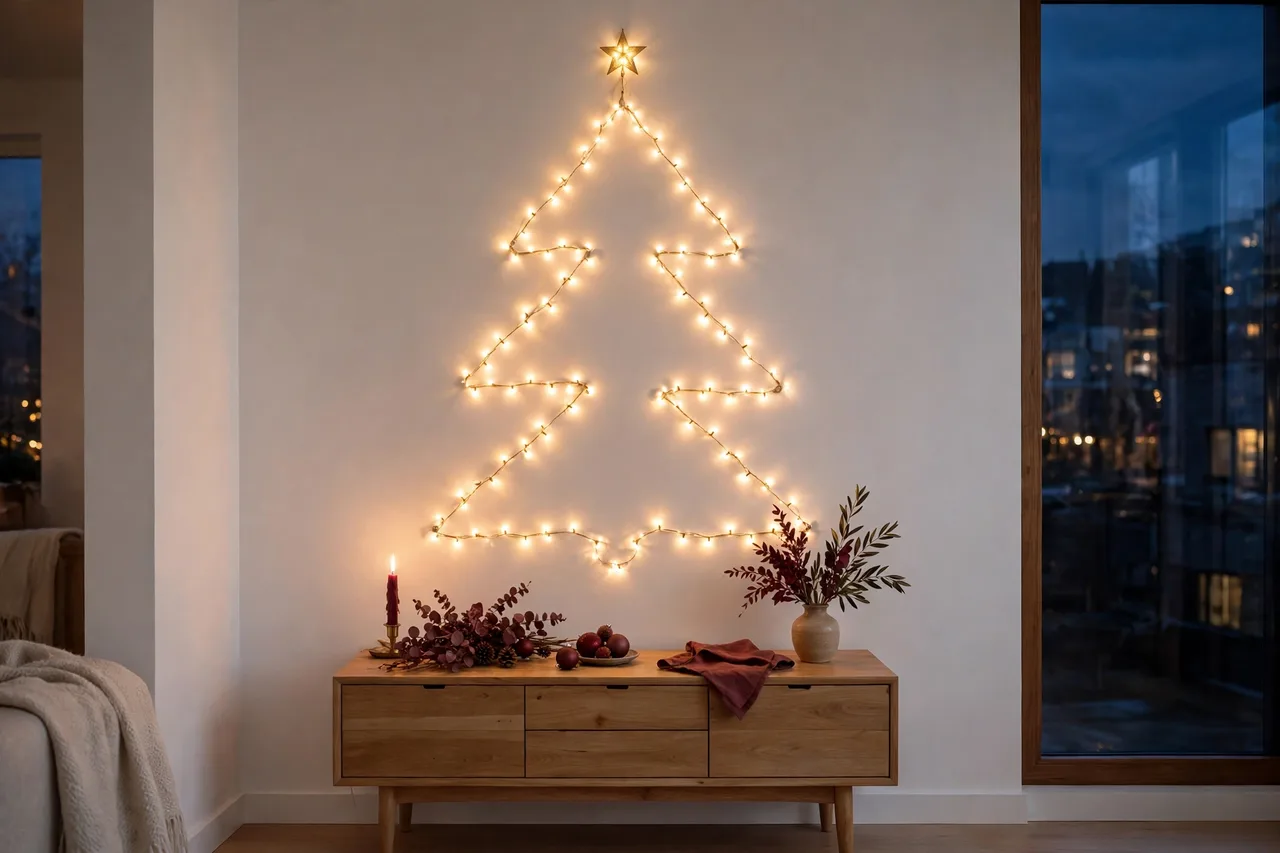Fairy light Christmas tree shape on a wall with gold star