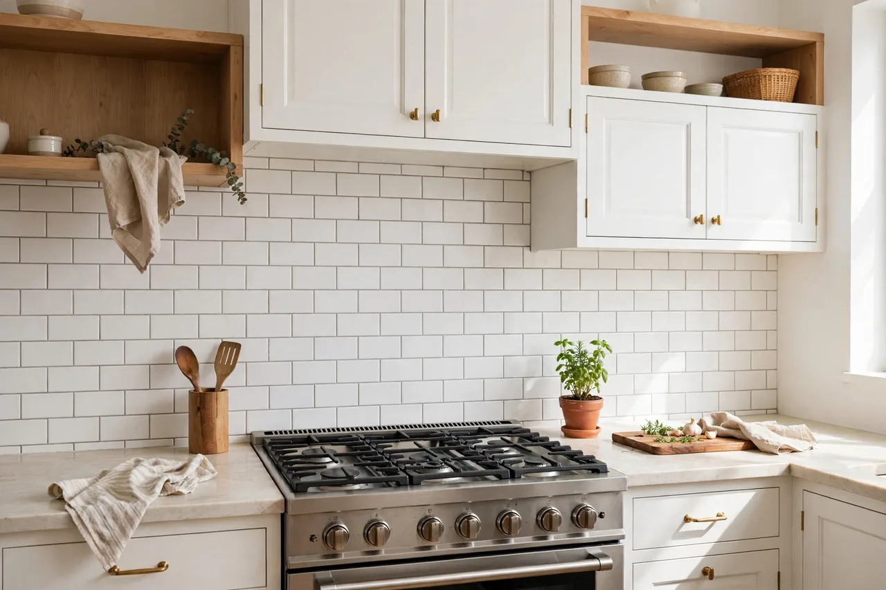 White peel-and-stick tile backsplash in a bright kitchen