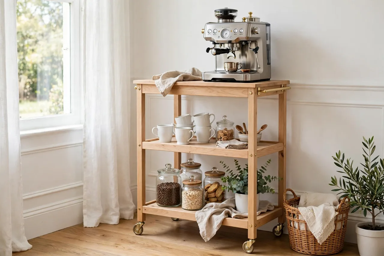Rolling cart coffee station with machine, mugs and a basket