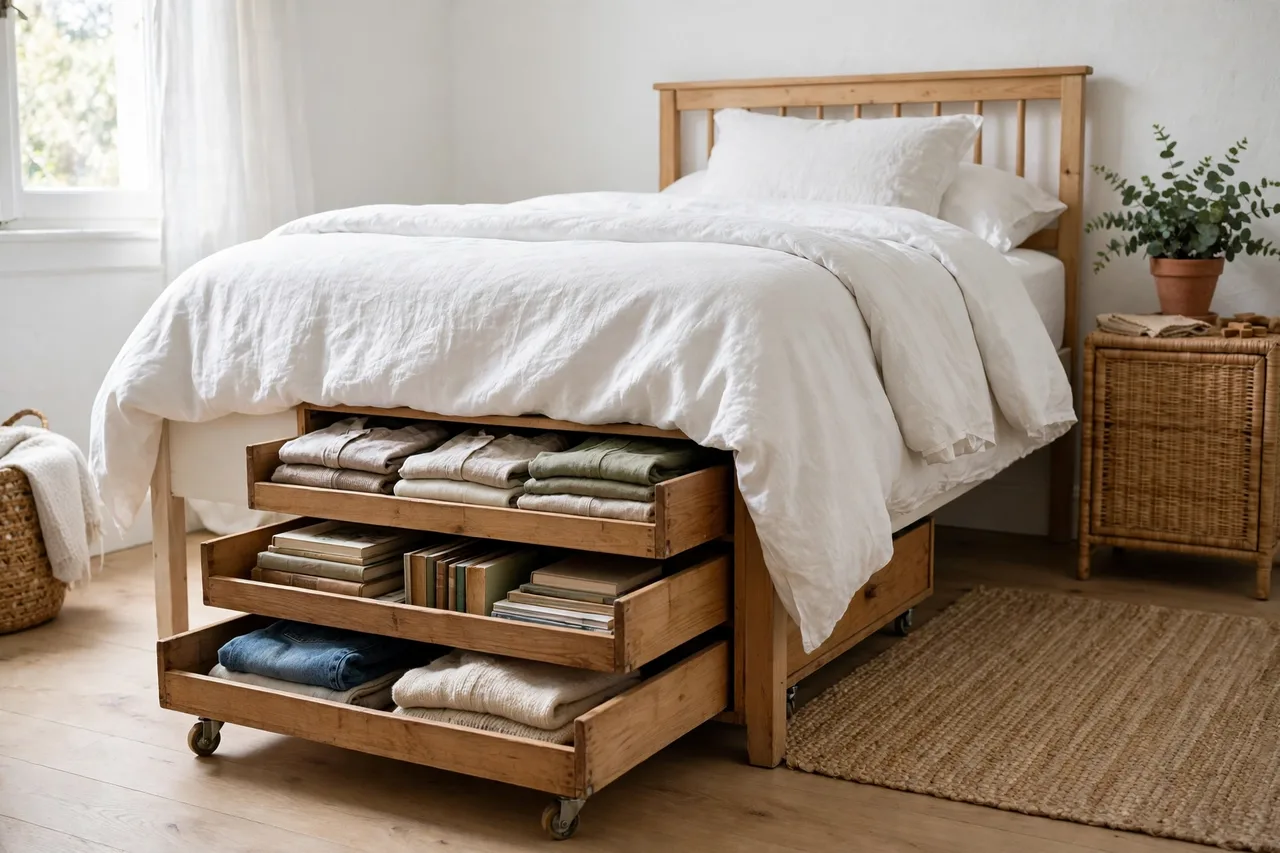Wooden rolling drawers pulled out from under a bed with folded clothes