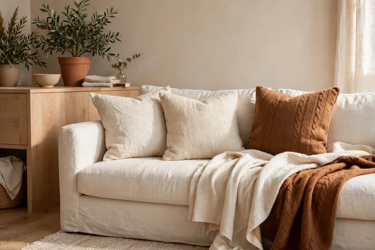 Sofa layered tonally in cream, oatmeal and camel with one deep cushion