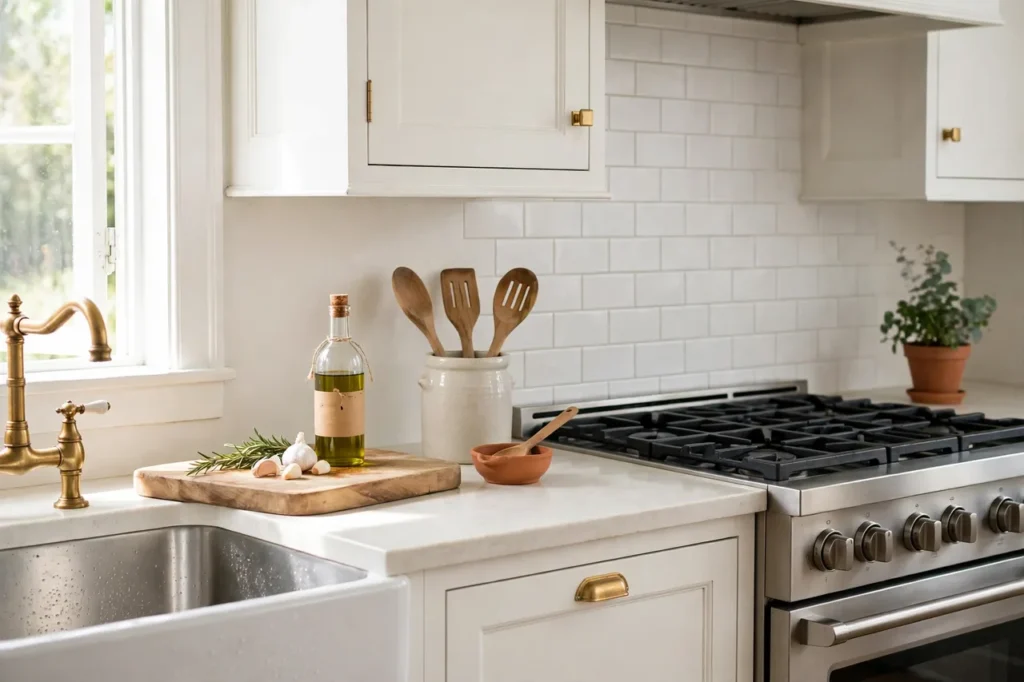 Kitchen counter arranged in zones: prep area near the sink, cooking utensils by the stove